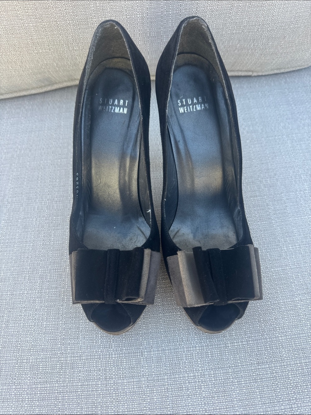 Stuart Weitzman Black Bow Peep-Toe Heels